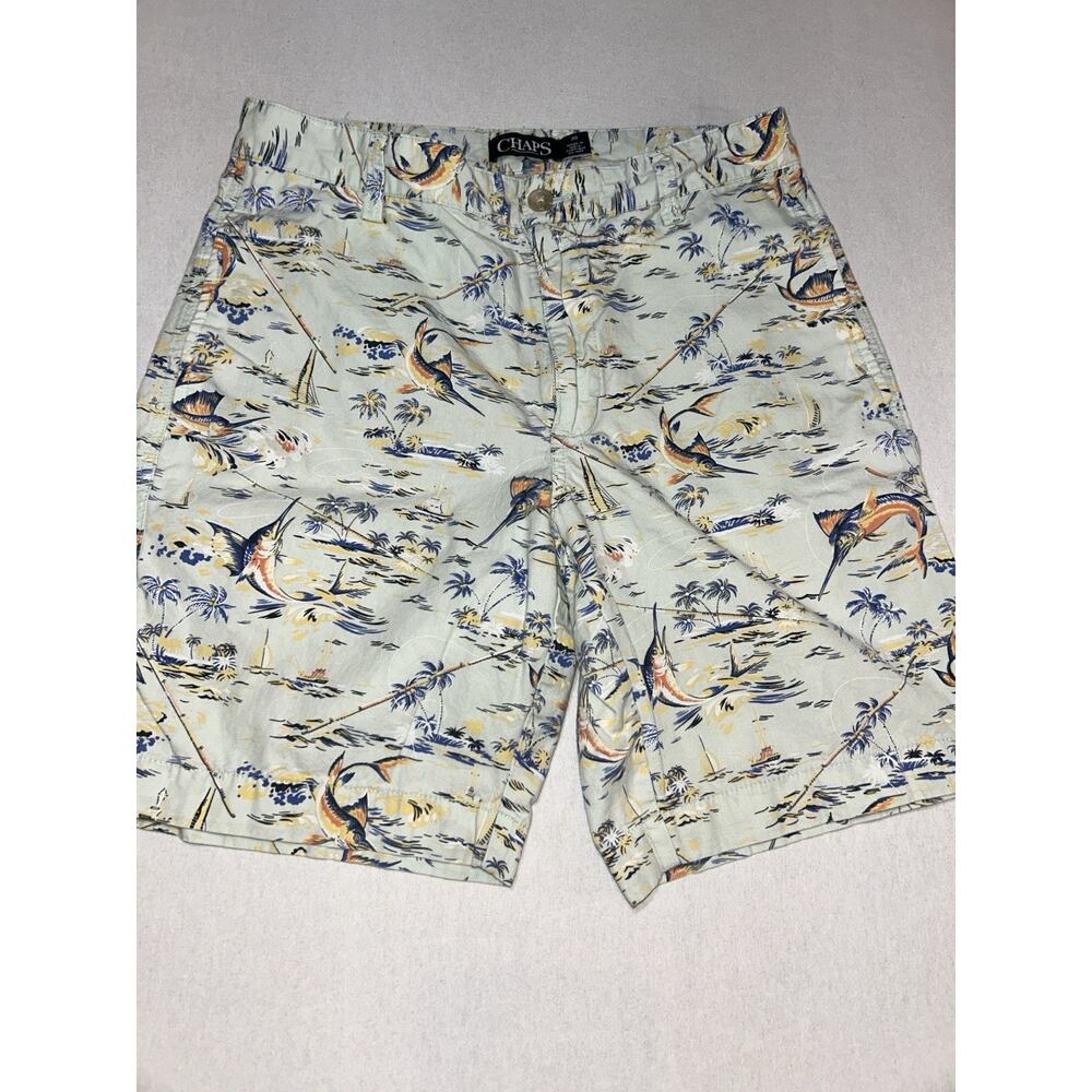 Chaps Mens Chino Shorts Size 30 Green Marlin Fish Aquamarine Hawaiian‎